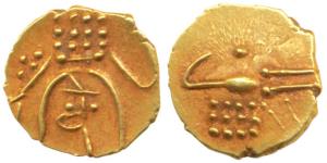 Marathas of Tanjavore, Venkoji, Gold Fanam, .35g, ’Kali’ design with letter ’Ve’ on obv., 