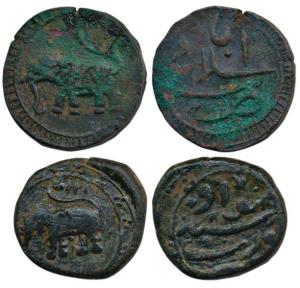 Tipu Sultan, Copper Paisa (2), Khursheed Sawad Mint, AM 1217; Salamabad Mint, AM 1216 (KM 