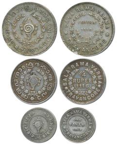 Bala Rama Varma II, Silver 1/2, ¼ Rupee and Fanam, ME 1118 & 1116 (KM 67, 66 & 65). Very F