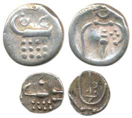 Cochin, Silver Fanam, degenerate figure of Kali on obv. ’OC’ above ’lazy-J’ symbol on rev.