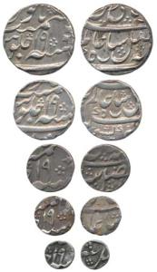 Murshidabad Mint, Set of 5, Silver Rupee, 1/2, 1/4, 1/8 & 1/16, in the name of Shah Alam I