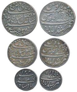 Murshidabad Mint, Set of 3, Silver Rupee, ½ and 1/4, in the name of Shah Alam II, frozen R