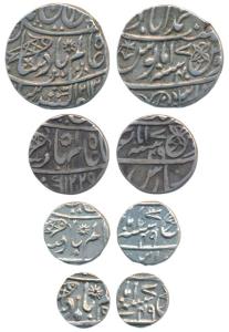 Muhammadabad Banaras Mint, Set of 4, Silver Rupee, 1/2, ¼ and 1/8, in the name of Shah Ala