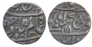 Muhammadabad Banaras Mint, Silver ½ Rupee, 5.66g, in the name of Shah Alam II, RY 48, fish