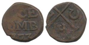 Copper Pice, 5.09g, 1773, EIC bale mark on obv., PICE BOMB and date in three lines on rev.