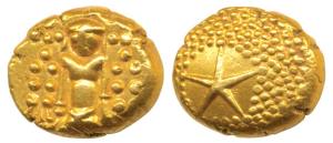 Star Gold Pagoda, 3.4g, single Swami (Balaji-Tirupati) standing facing front on obv., star