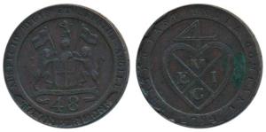 Copper Dub or 1/48 Rupee, 13.30g, 1794, coat of arms of the EIC on obv., bale mark on rev.