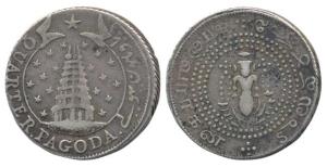 Silver ¼ Pagoda, 11.4g, 1st issue, ND (1807), value in English and Persian on ribbon aroun