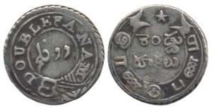 Silver Double or 2 Fanams, 1.74g, 2nd issue, 1808, oblique milling, buckled garter on obv.
