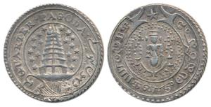 Silver ¼ Pagoda, 10.54g, 2nd issue, ND (1808), buckled garter, value in English and Persia