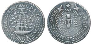 Silver ¼ Pagoda, 10.54g, 2nd issue, ND (1808), buckled garter, value in English and Persia