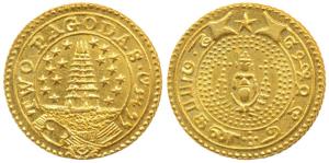 Gold 2 Pagodas, 5.91g, Gopuram of a temple with 9 stars on either side, value in English a