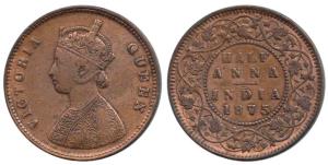 Victoria Queen, Copper ½ Anna, 1875. Very Fine+, Very Rare.