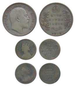 Edward VII, Silver ½ Rupee, 1910; Victoria Empress, 2 Annas, 1891 and 1901. Fine to Very F