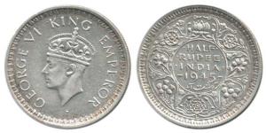 George VI, Half Silver ½ Rupee, Lahore Mint, 1945, Large 5, L mint mark below on rev. Abou