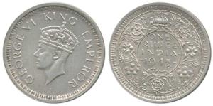 George VI, Half Silver Rupee, Lahore Mint, 1945, Large 5, L mint mark below on rev. Extrem