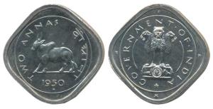 Anna Series, Cupro-Nickel 2 Annas, Bull walking to left, 1950. Proof, in Mint State, Rare.