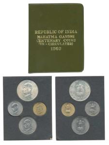 1969 Uncirculated Set, Gandhiji Birth Centennial, set of 4, 20 Paise to Rupees 10. In imma