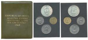 1969 Uncirculated Set, Gandhiji Birth Centennial, set of 4, 20 Paise to Rupees 10. In imma