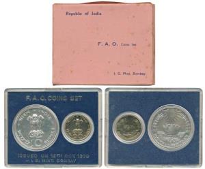 1970 Uncirculated Set, Food For All, set of 2, 20 Paise and Rupees 10. Slight spots, other