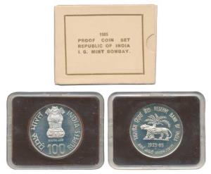 1985 Proof, Golden Jubilee of the Reserve Bank of India, Silver Rupees 100. In immaculate 