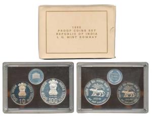 1985 Proof set, Golden Jubilee of the Reserve Bank of India, set of 2, Rupees 10 and 100. 