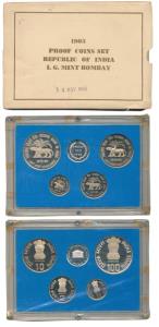 1985 Proof Set, Reserve Bank of India, set of 4, 50 paise to Rupees 100, Bombay Mint. With