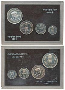 1989 Uncirculated Set, Jawaharlal Nehru Centenary set of 4, Rupee 1 to 100. Within origina