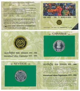 1994 Uncirculated, World of Work, Silver Rupees 100. In immaculate condition, within origi