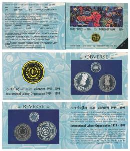 1994 Proof Set, World of Work, set of 2, Rupees 50 and 100. In immaculate condition, withi