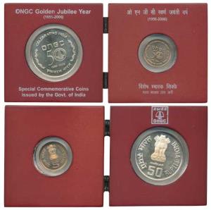 2006 ONGC set in a folding wooden case, set of 2, Rupees 5 and 50. In immaculate condition