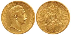 Germany, Prussia, Wihelm II, Gold 20 Mark, 8g, Berlin Mint, 1895 A. (KM 521). Very Fine+, 