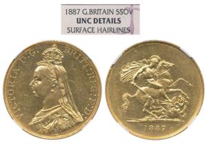 Great Britain, Victoria, Gold 5 Pounds, 40g, Jubilee head, St. George slaying a dragon on 