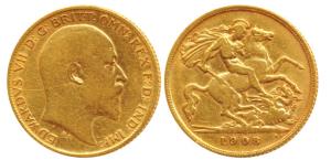 Great Britain, Edward VII, Gold ½ Sovereign, 4g, 1908, St. George slaying a dragon on rev.