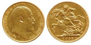 Great Britain, Edward VII, Gold Sovereign, 8g, 1908, St. George slaying a dragon on rev. (