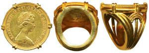 Great Britain, Elizabeth II, Gold Sovereign, 8g, within an ornate ring, 9.4g, total weight