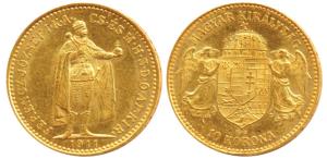 Hungary, Franz Joseph I, Gold 10 Korona, 3.38g, Magyar 1910, Emperor standing on obv., cro