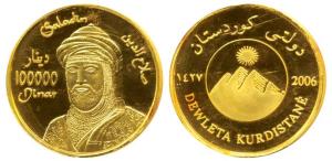 Kurdistan, (privately issued) Gold 1,00,000 Dinar, 8.34g, AH 1427 (2006), facing bust of S