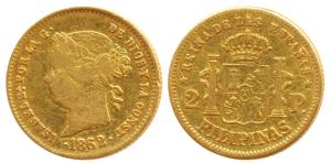 Philippines, Isabelle II, Gold 2 Peso, 3.38g, 1862, crowned arms and pillars divide value 