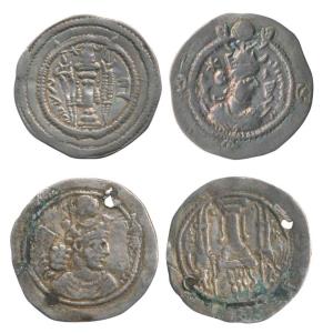 Sassanian, Shapur I, Silver Drachma, obv. bust of the king looking right, fire altar flank