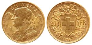 Switzerland, Gold 20 Francs, 6.45g, 1947B (KM 35.2). Extremely Fine .
