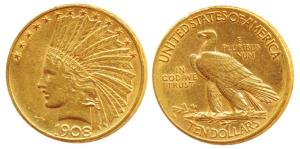 United States of America, Gold $10, 16.64g, Indian Head on obv., 1908 (KM 130). Extremely 