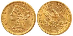 United States of America, Gold $ 5 (Dollars), 8.34g, Liberty head on obv., Motto above eag