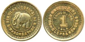 Tola coinage, Gold Tola, 11.65g, obv. M/s Kirtilal Jeshinglal & Company, Bombay, Elephant 
