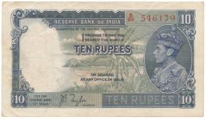 George VI, Rupees 10, 1st issue, 1938, signed J. B. Taylor (J&R 5.1). Very Fine+.