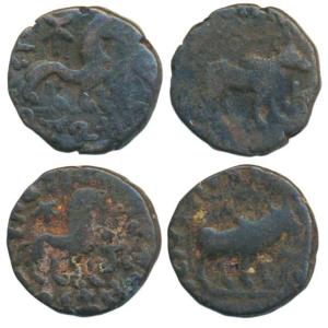 Indo-Scythians, Zeionises (45-35 BC), Copper Drachma, bull walking to right with Greek leg