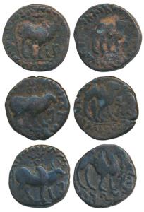 Kushanas, Kujula Kadphises, Copper Drachma, bull walking to right with Greek legend around