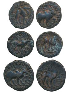 Kushanas, Kujula Kadphises, Copper Drachma, bull walking to right with Greek legend around
