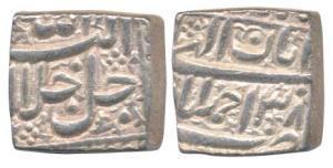 Akbar, Silver Square Rupee, 11.43g, Ahmedabad Mint, Ilahi type, Month Aban, Year 38 (KM 88