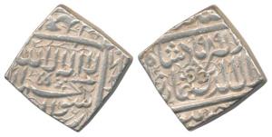 Akbar, Silver Square Rupee, 11.34g, Jaunpur Mint, AH 989 (KM 82.3). About Extremely Fine.